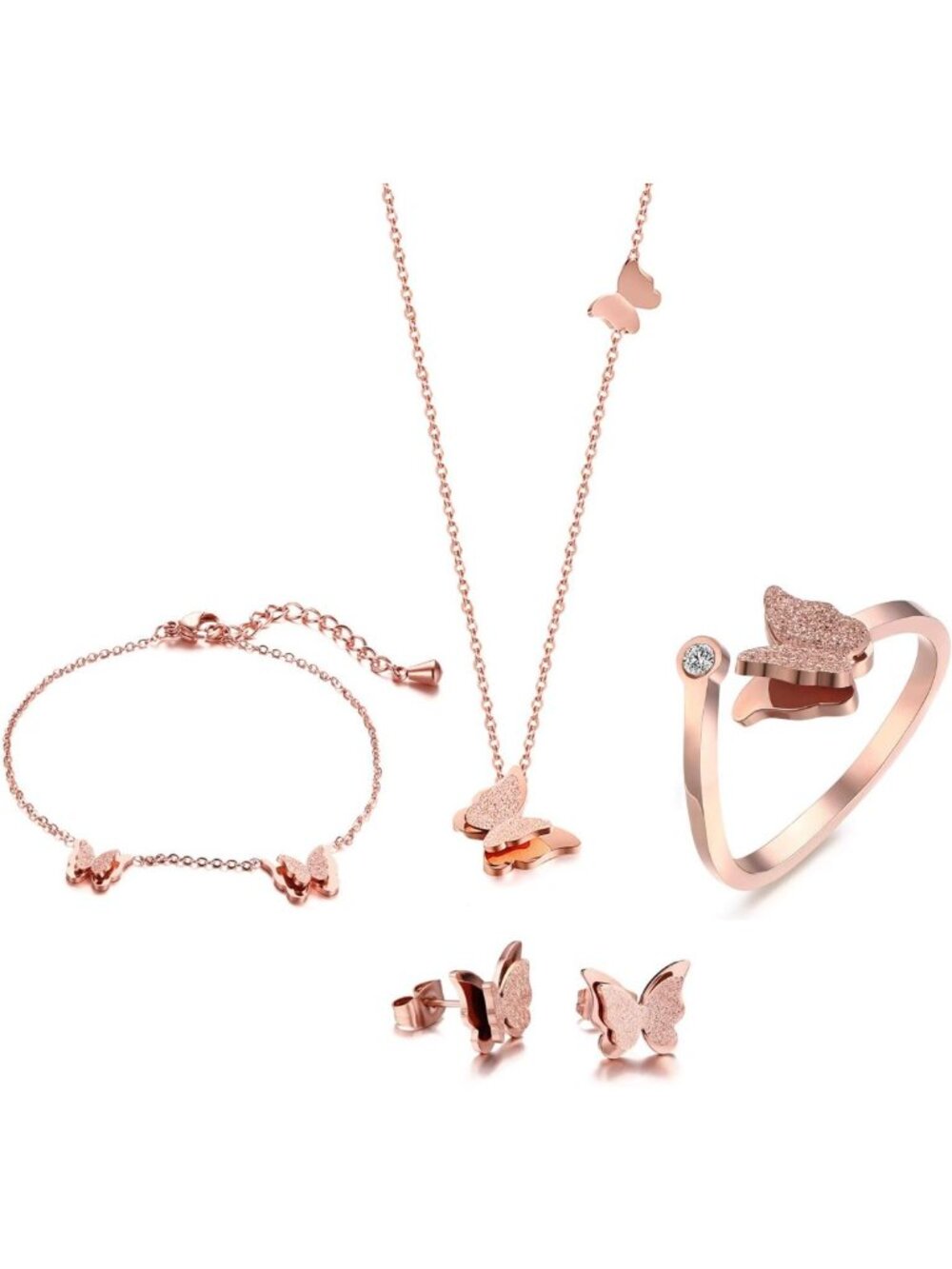 Butterfly Jewelry Set for Women & Teens - Rose Gold Plated Bracelet, Necklace